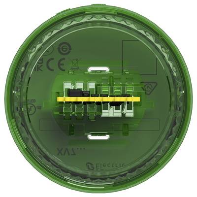 Groen rond elektrisch connectoren of aansluiting van bovenaf gezien, met een geel en zwart intern contactstrookje in een transparante behuizing.