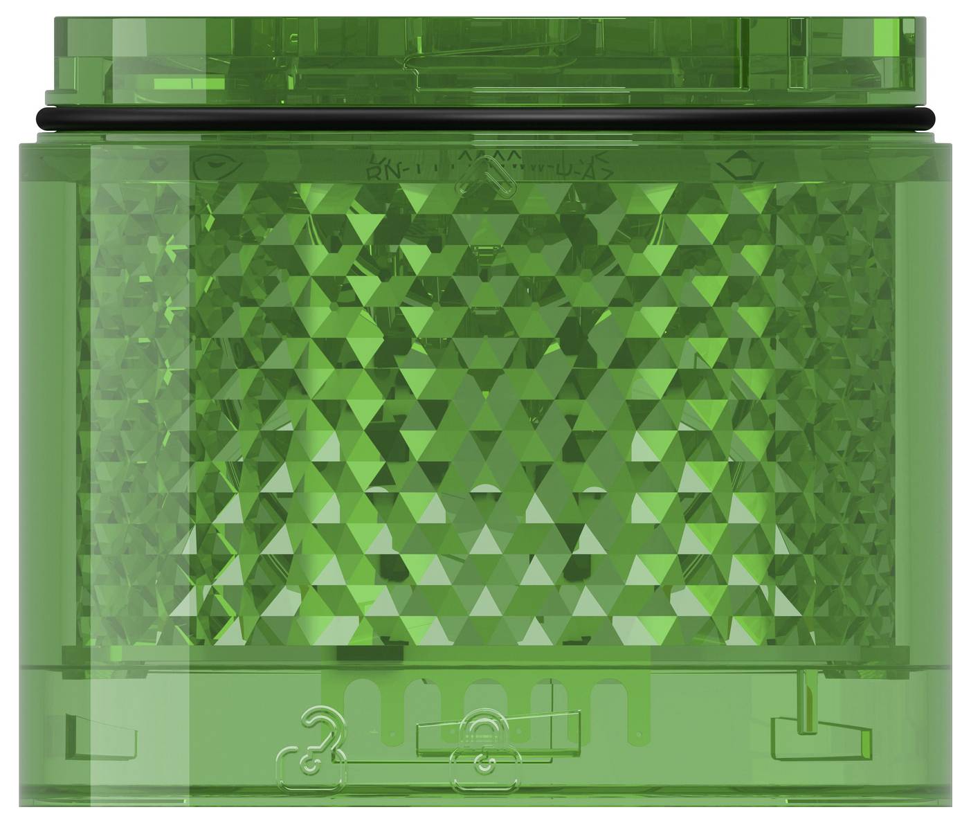 Groene transparante kunststof container met een facetteerde, reflecterende zijpaneel en plat deksel, weergegeven in vooraanzicht.