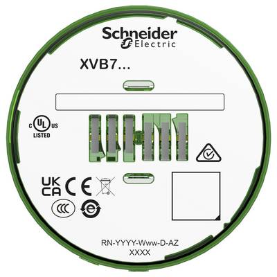 Schneider Electric XVB7 LED stapellichtkap met certificeringsmarkeringen en modeltekst 'RN-YYYY-Www-D-AZ XXXX'.