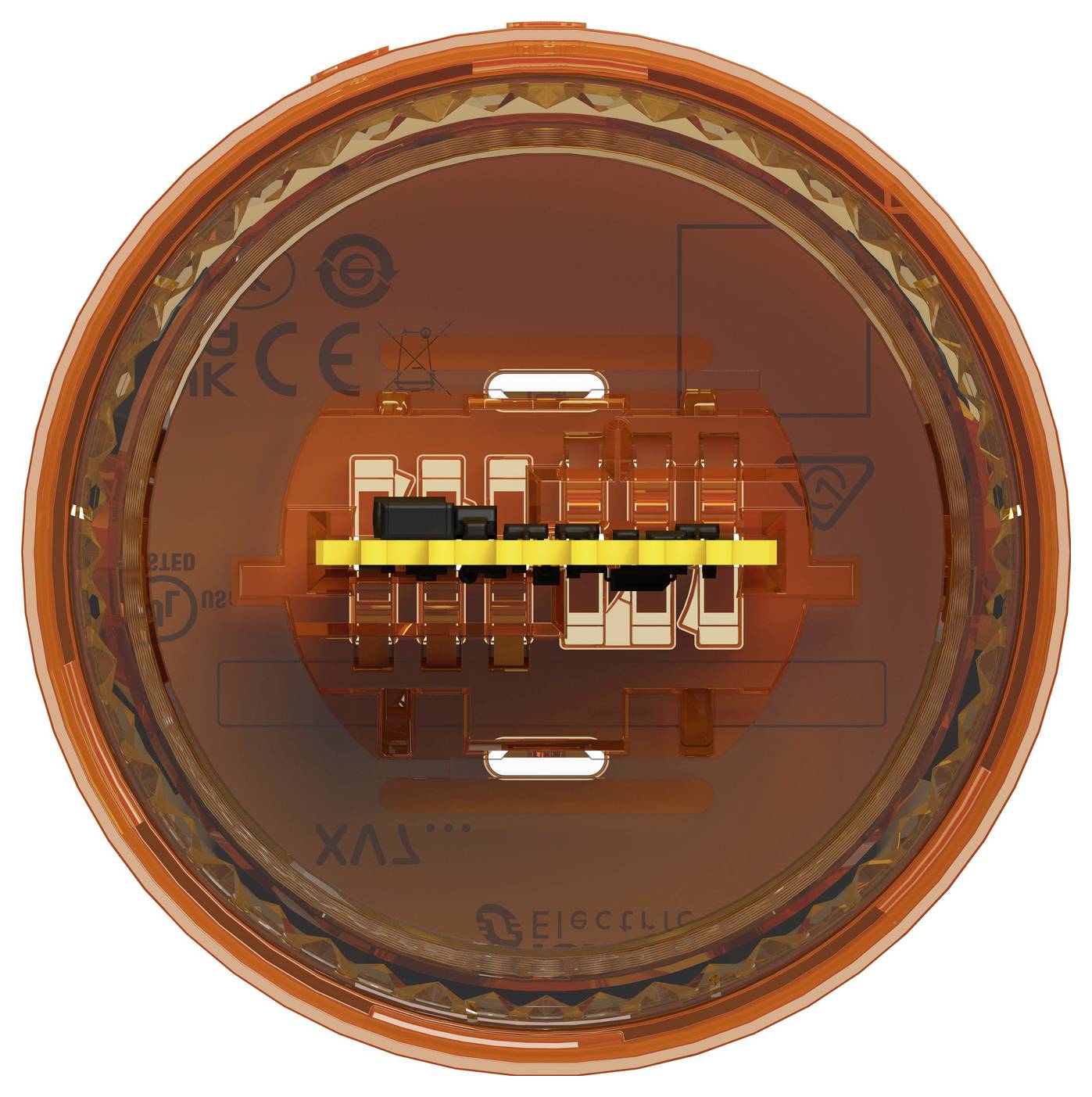 Oranje circulaire elektrische component met een centraal geel-en-zwart connectortje, weergegeven van voren tegen een witte achtergrond.