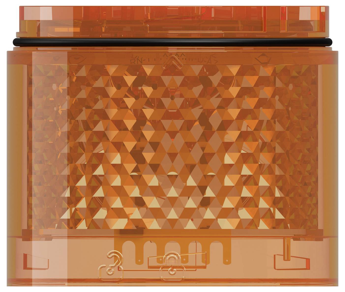 Oranje doorzichtig voertuigverlichting lens met getextureerd reflectoroppervlak en zwart afdichtingsring, weergegeven in frontaanzicht op witte achtergrond.