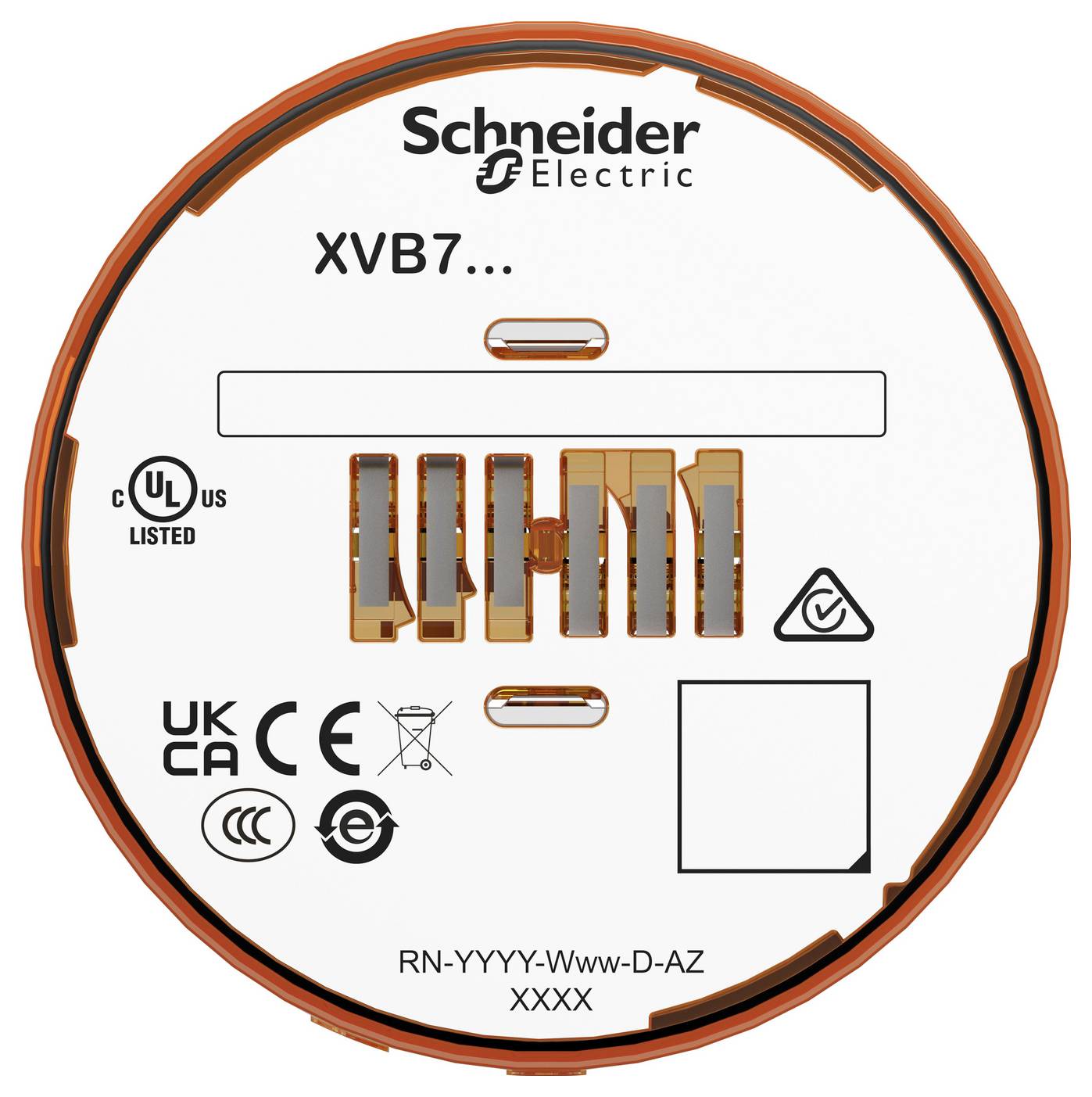 Schneider Electric rond productlabel voor XVB7... met certificeringsmerken, streepjescodegebied en modelcode RN-YYYY-Www-D-AZ XXXX.