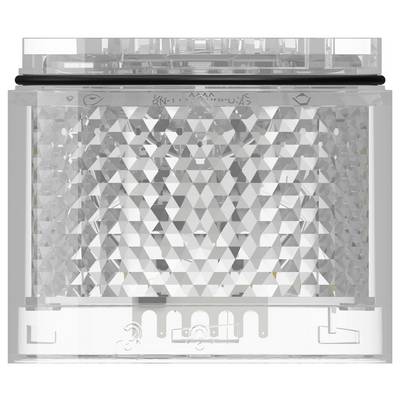 Een duidelijke plastic container met een gefacetteerd, diamantpatroon centraal paneel en een transparent deksel zit op een witte basis.