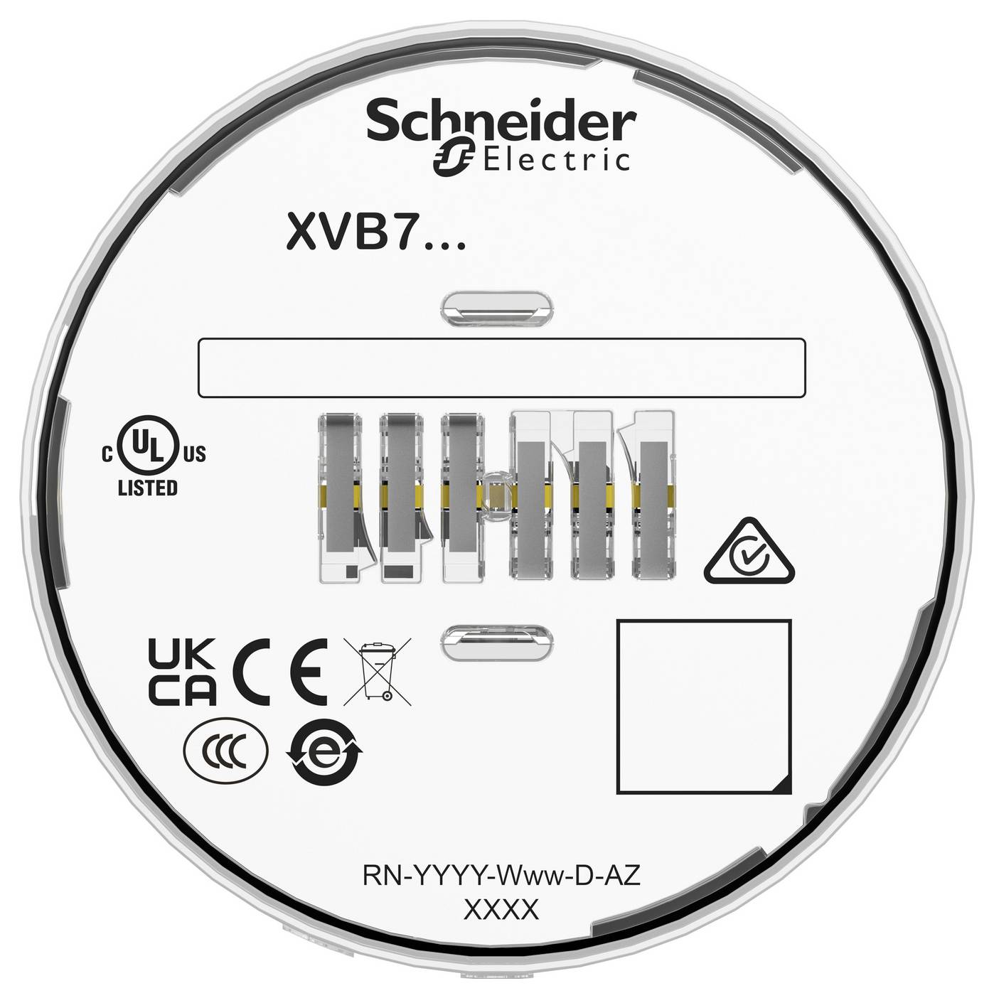 Schneider Electric circulair productlabel voor 'XVB7...' met nalevingslogo's en modelcode 'RN-YYYY-Www-D-AZ XXXX'.