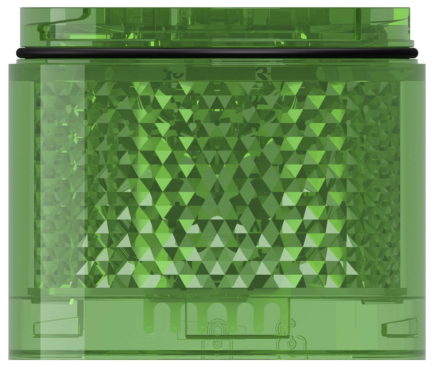Groene doorzichtige kunststof container met een gefacetteerd textuurpaneel en heldere boven- en ondersecties.
