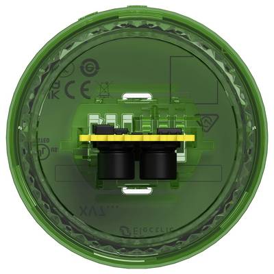 Close-up van een groen circulair elektronisch onderdeel met een centraal zwart verbindingsstuk en gele strip, weergegeven tegen een transparante achtergrond.