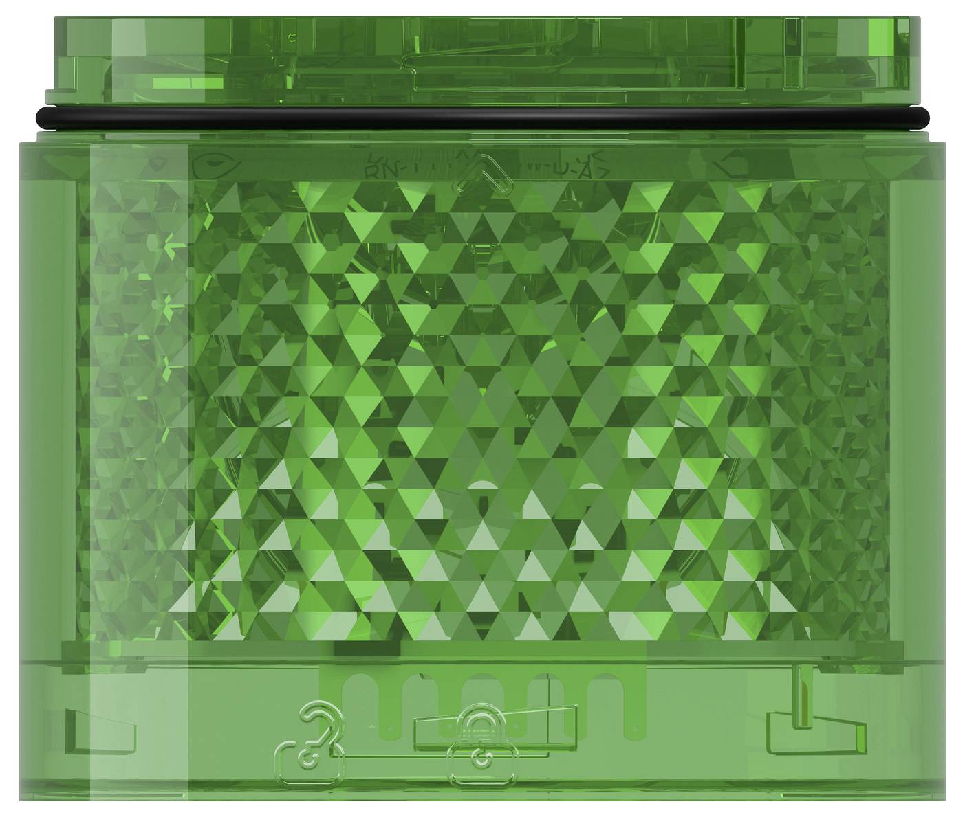 Groene doorschijnende plastic container met facetvorming zijden en een plat deksel, weergegeven tegen een witte achtergrond.
