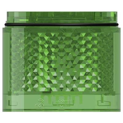 Groene doorschijnende plastic container met facetvorming zijden en een plat deksel, weergegeven tegen een witte achtergrond.