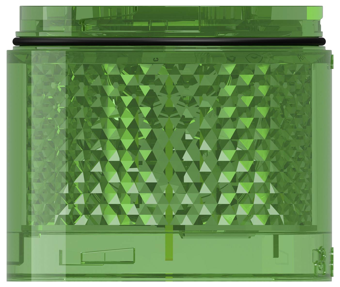 Groene doorschijnende plastic container met gefacetteerde, diamantachtige textuur en een plat deksel, weergegeven in close-up op een witte achtergrond.