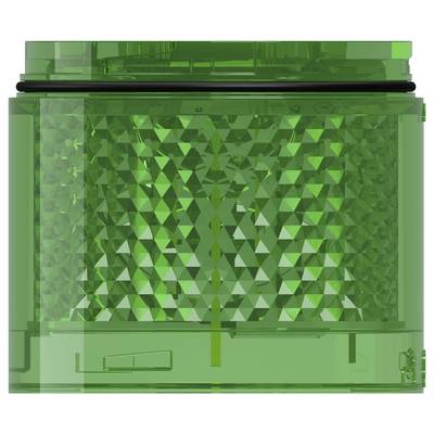 Groene doorschijnende plastic container met gefacetteerde, diamantachtige textuur en een plat deksel, weergegeven in close-up op een witte achtergrond.