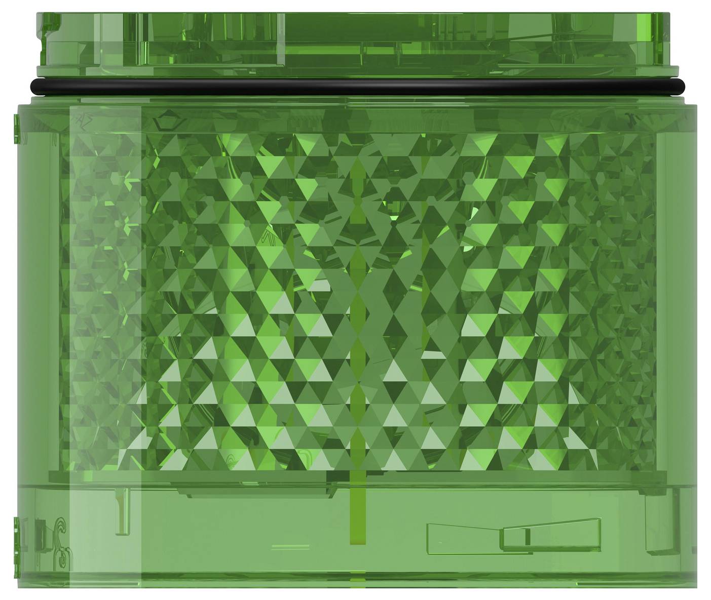 Groene, doorschijnende cilindrische container met een gefacetteerde binnenkamer, weergegeven in zijaanzicht tegen een witte achtergrond.