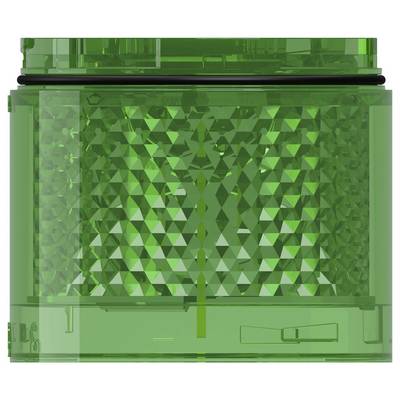 Groene, doorschijnende cilindrische container met een gefacetteerde binnenkamer, weergegeven in zijaanzicht tegen een witte achtergrond.