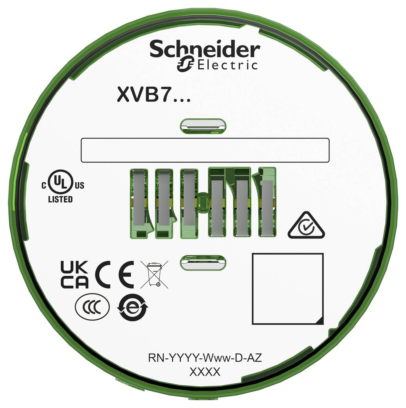 Schneider Electric XVB7... gelabeld rond groen elektronisch onderdeelfront met compliancemarkeringen en modelcode RN-YYYY-Www-D-AZ XXXX.