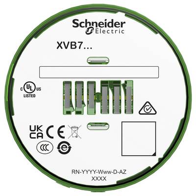 Schneider Electric XVB7... gelabeld rond groen elektronisch onderdeelfront met compliancemarkeringen en modelcode RN-YYYY-Www-D-AZ XXXX.