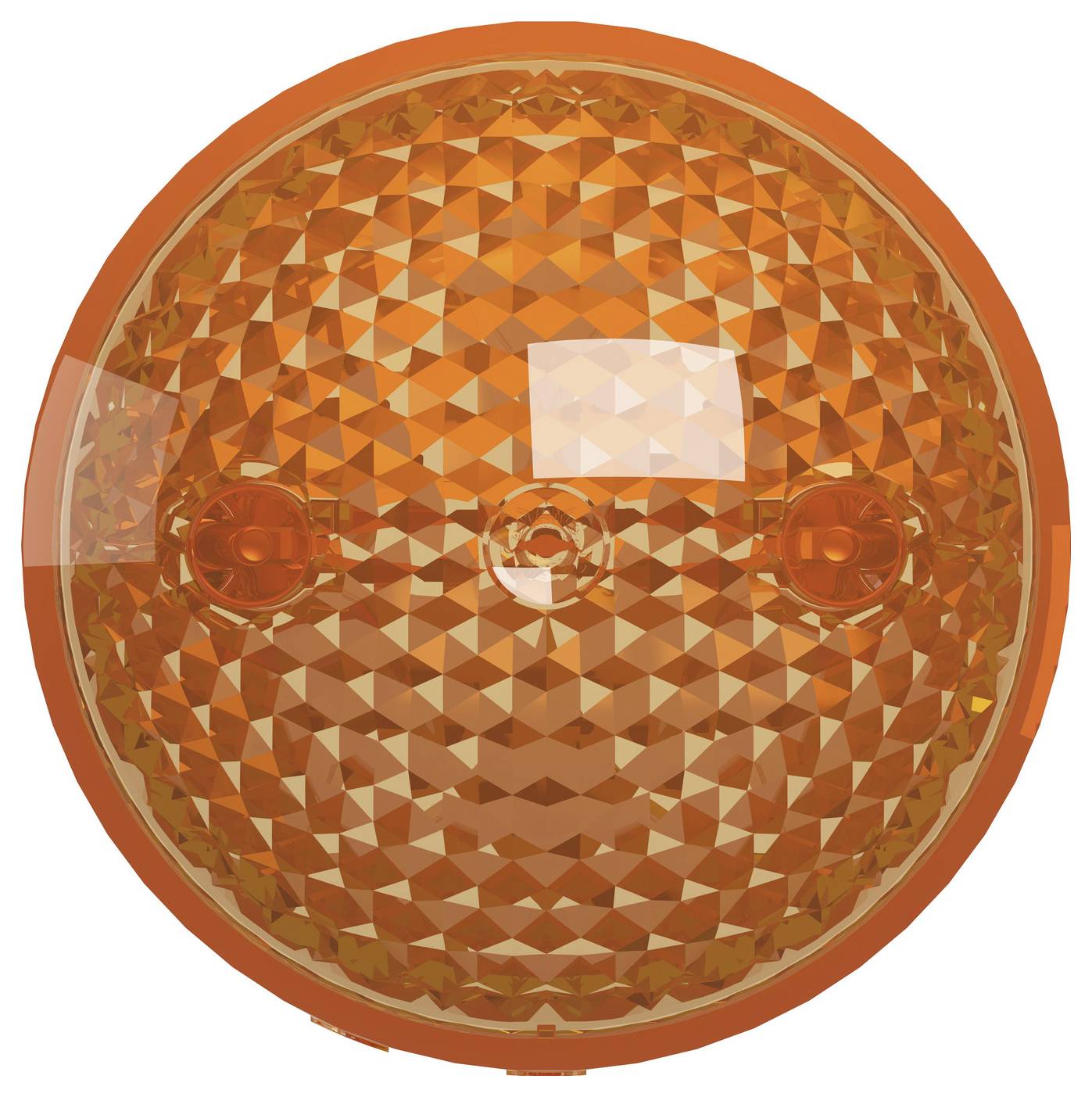 Oranje ronde reflector of lens met gefacetteerd oppervlak en twee kleine zijlichten, vooraanzicht.