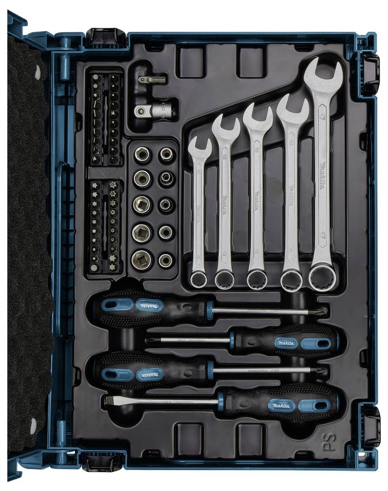 Gereedschapskist openen met een dop- en steeksleutelset, inclusief vijf combinatiesleutels, ratels, schroevendraaihandvaten en diverse bitsen en doppen.