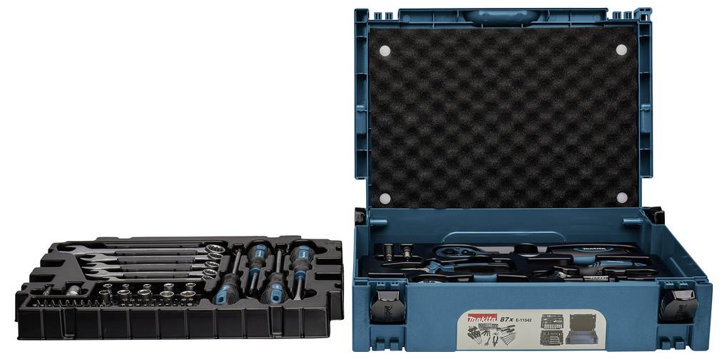 Twee teal-en-zwarte gereedschapskoffers staan open en tonen georganiseerde boor- en sleutelsets met doppen en accessoires erin.