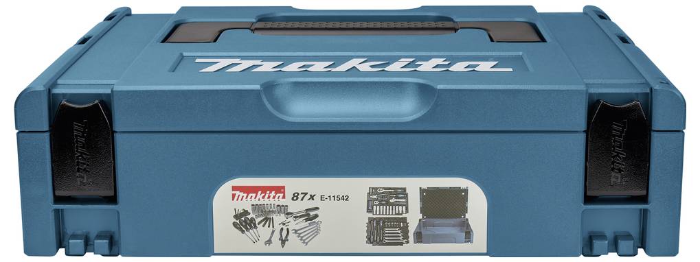 Blauwe Makita draagkist met voorsluitingen en een etiket met afgebeelde boorbitsen en een gereedschapset.