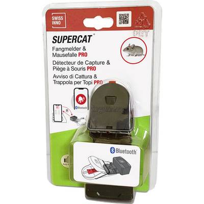 Een muizenval-verpakking met Bluetooth-functie, met een illustratie van de val en een kleine afbeelding van een muis, gelabeld 'SuperCat PRO'.