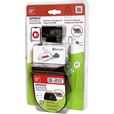 Verpakking voor de Swiss Inno Supercat Pro ratteval, uitgerust met 'Bluetooth'-detectie, met een illustratie van een rat.