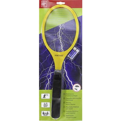 Elektrische vliegenmepper 'Foetsie' in verpakking. Gele en zwarte racket met gaas, batterijen inbegrepen. Visuele elementen van bliksem en vliegicoon.