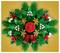 Lego-kerstkrans met rode bessen, witte bloemen, dennenbladeren en een rode strik tegen een gele achtergrond.