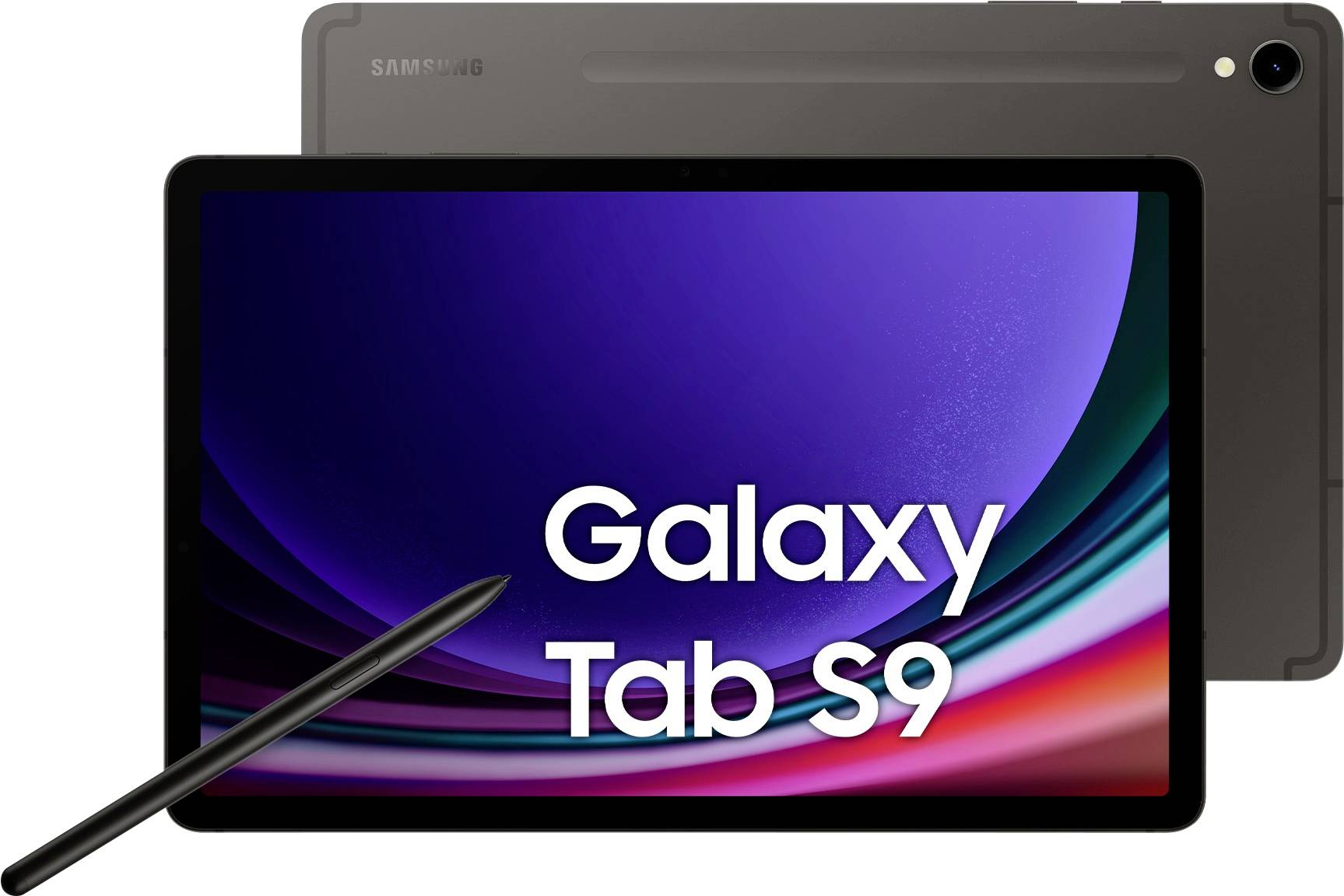 Vooraanzicht van de Samsung Galaxy Tab S9 met een stylus, met een kleurrijk scherm en 'Galaxy Tab S9' tekst, tegen een donkere achtergrond.