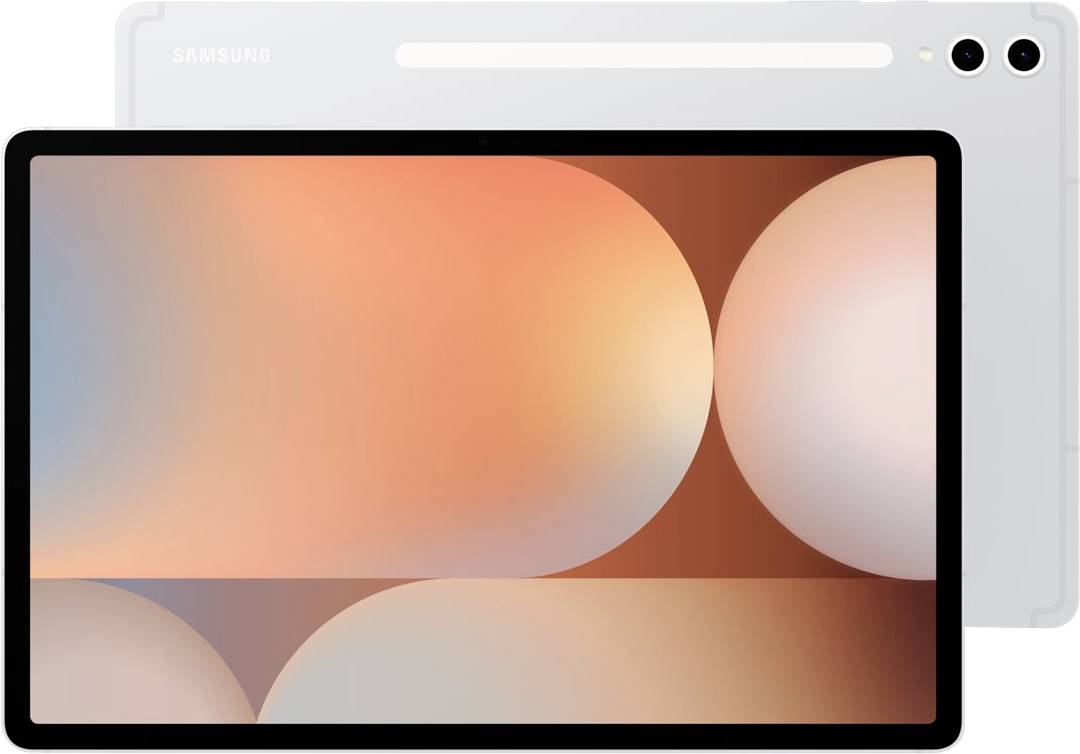 Een tablet met een groot scherm vertoont een abstract oranje en beige patroon; een andere tablet is gedeeltelijk zichtbaar op de achtergrond.