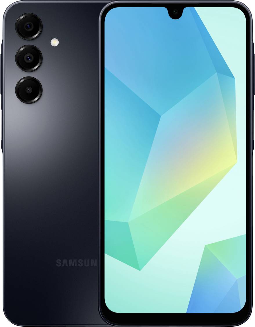 Een zwarte smartphone met een kleurrijk geometrisch behang op het scherm, uitgerust met drie verticaal uitgelijnde achterste camera's.