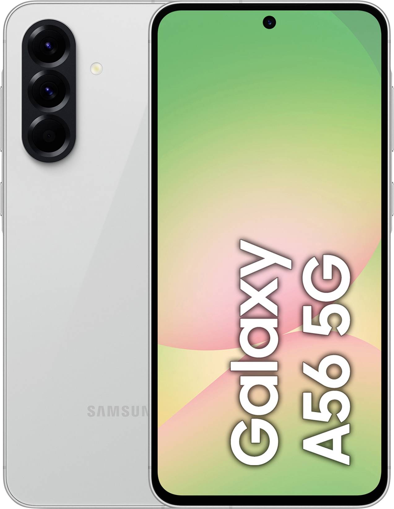 Voor- en achteraanzicht van een Samsung Galaxy A56 5G smartphone, met het scherm waarop de tekst 'Galaxy A56 5G' staat en de achterste camera's.
