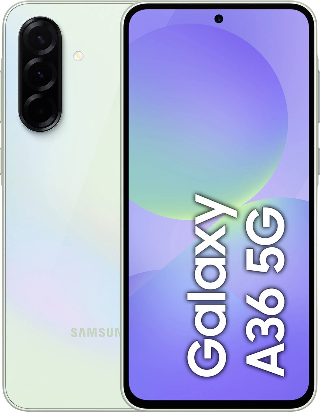 Vooraanzicht en achteraanzicht van een lichtgroene smartphone met drie camera's. Het scherm toont 'Galaxy A36 5G.'