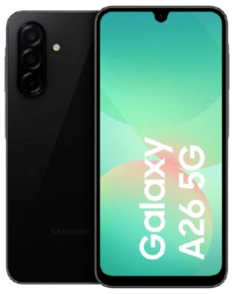 Samsung Galaxy A26 5G smartphone, met een zwart, strak design met een dual-camerasysteem aan de achterkant en een levendig scherm.