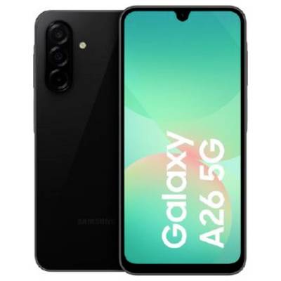 Samsung Galaxy A26 5G smartphone, met een zwart, strak design met een dual-camerasysteem aan de achterkant en een levendig scherm.