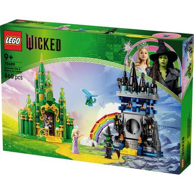 LEGO-set doos met 'Wicked' thema. Bevat Smaragdstad, personages en 860 onderdelen. Geschikt voor leeftijd 9+.