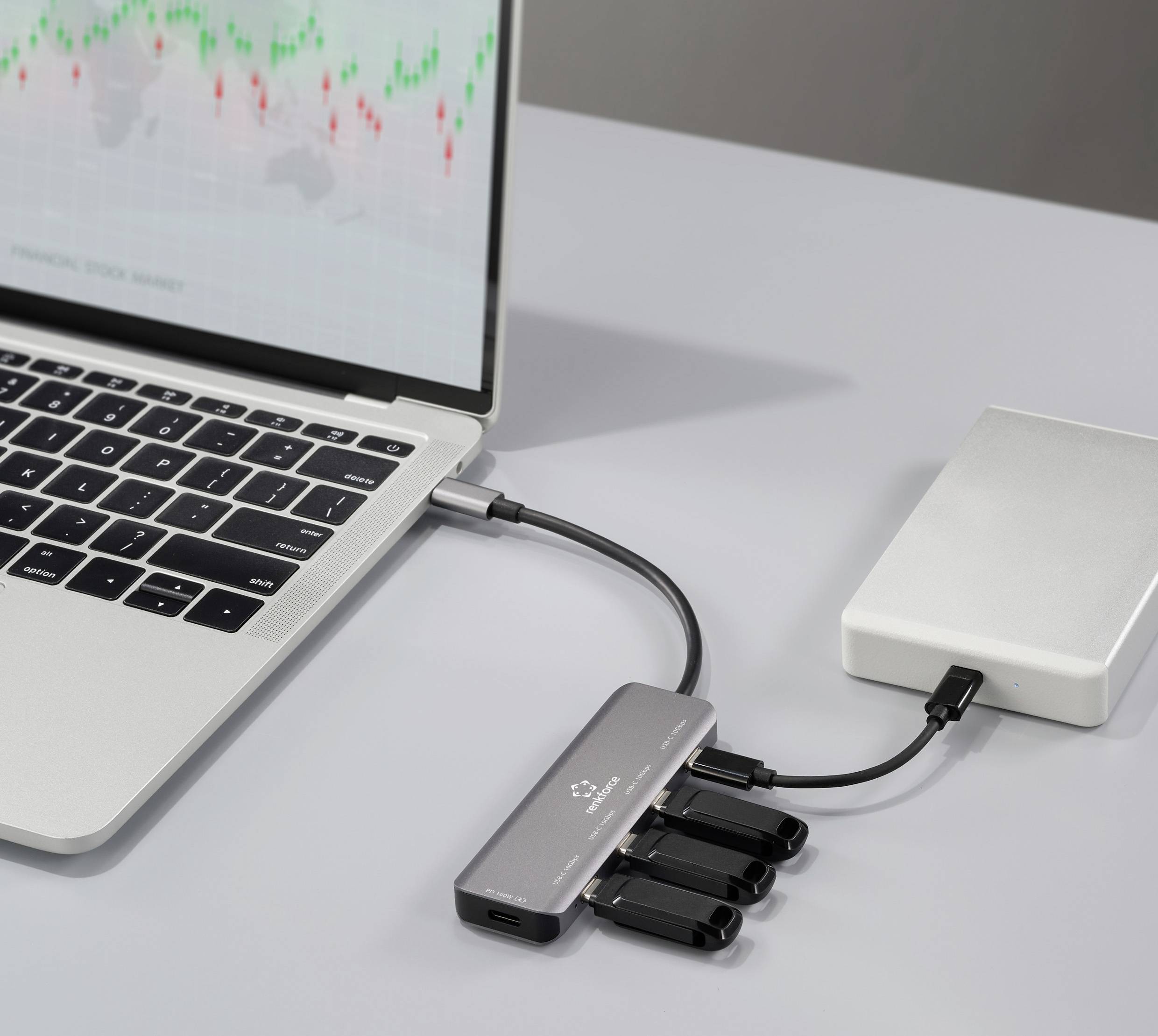 Een laptop aangesloten op een hub met drie USB-apparaten, naast een externe harde schijf. Het laptopscherm toont een lijndiagram.