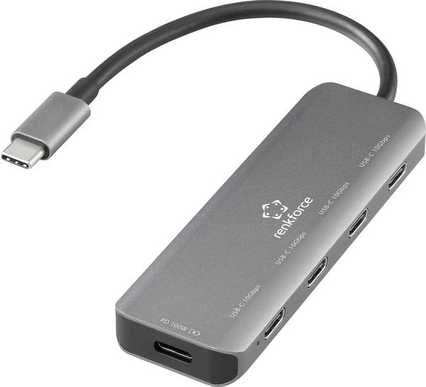 Renkforce RF-USBCH-220 RF-6872246 USB-hub 4 poorten USB-C USB 3.2 Gen2 10 GBit/s Met aluminium behuizing, Met USB-C stekker Grijs