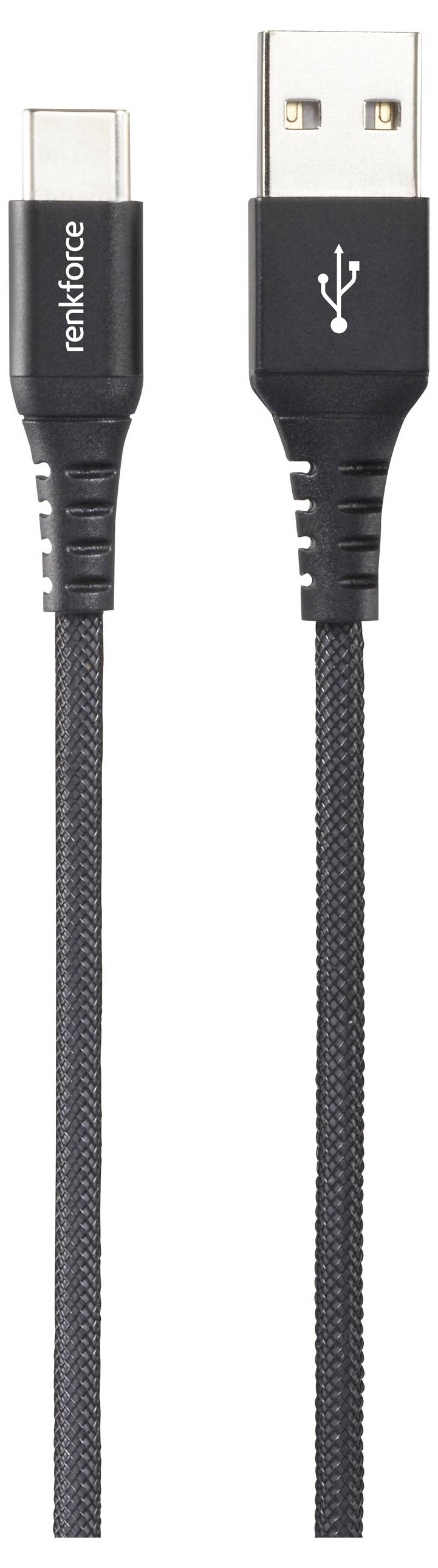 USB-C naar USB-A kabel, zwart met gevlochten ontwerp, geschikt voor opladen en gegevensoverdracht.