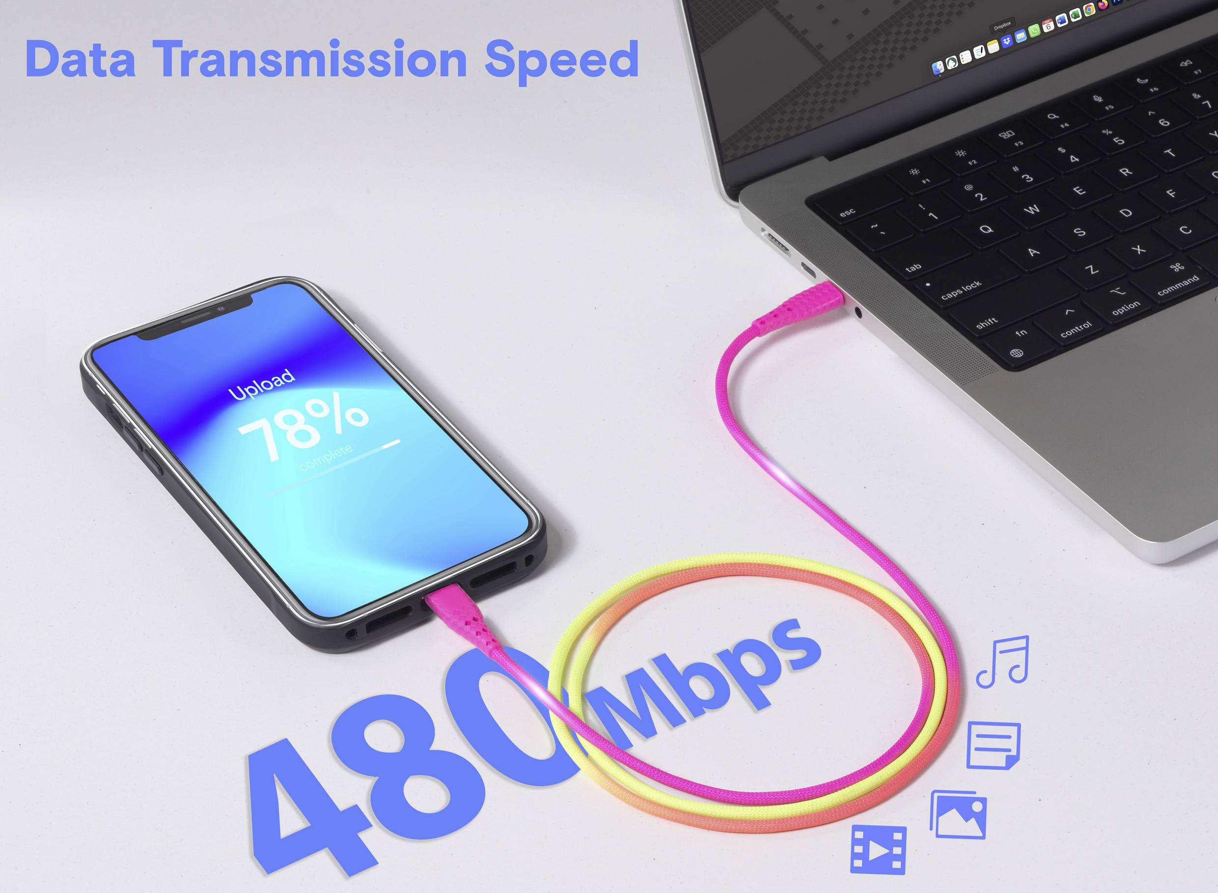 Een smartphone met 'Upload 78%' wordt via een USB-kabel verbonden met een laptop. Tekst vermeldt 'Gegevensoverdrachtssnelheid 480 Mbps' met pictogrammen voor muziek, video en bestanden.