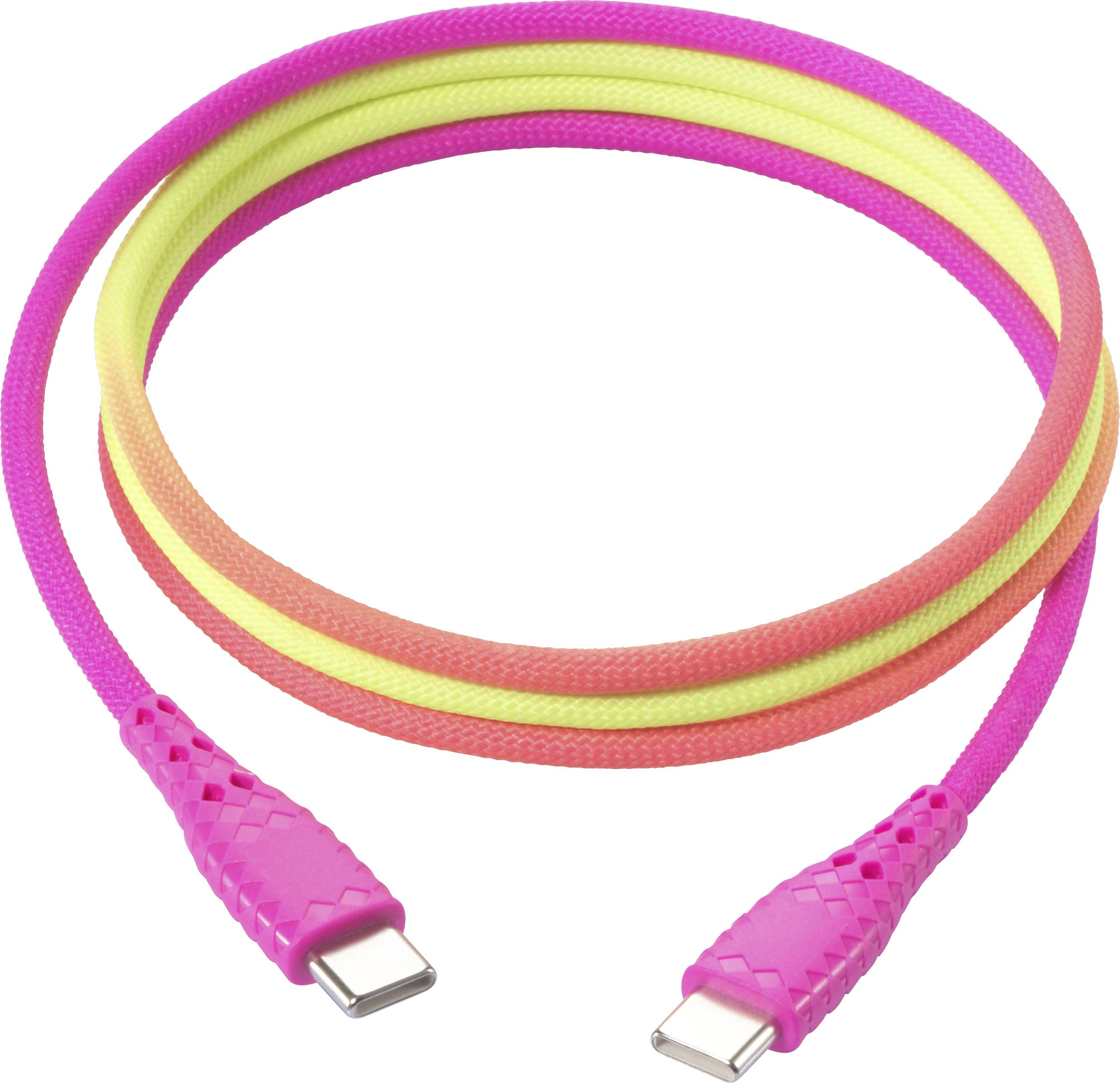 Een felgekleurde USB-C-kabel met roze, gele en oranje tinten, netjes opgerold, waarbij beide connectoren duidelijk zichtbaar zijn.