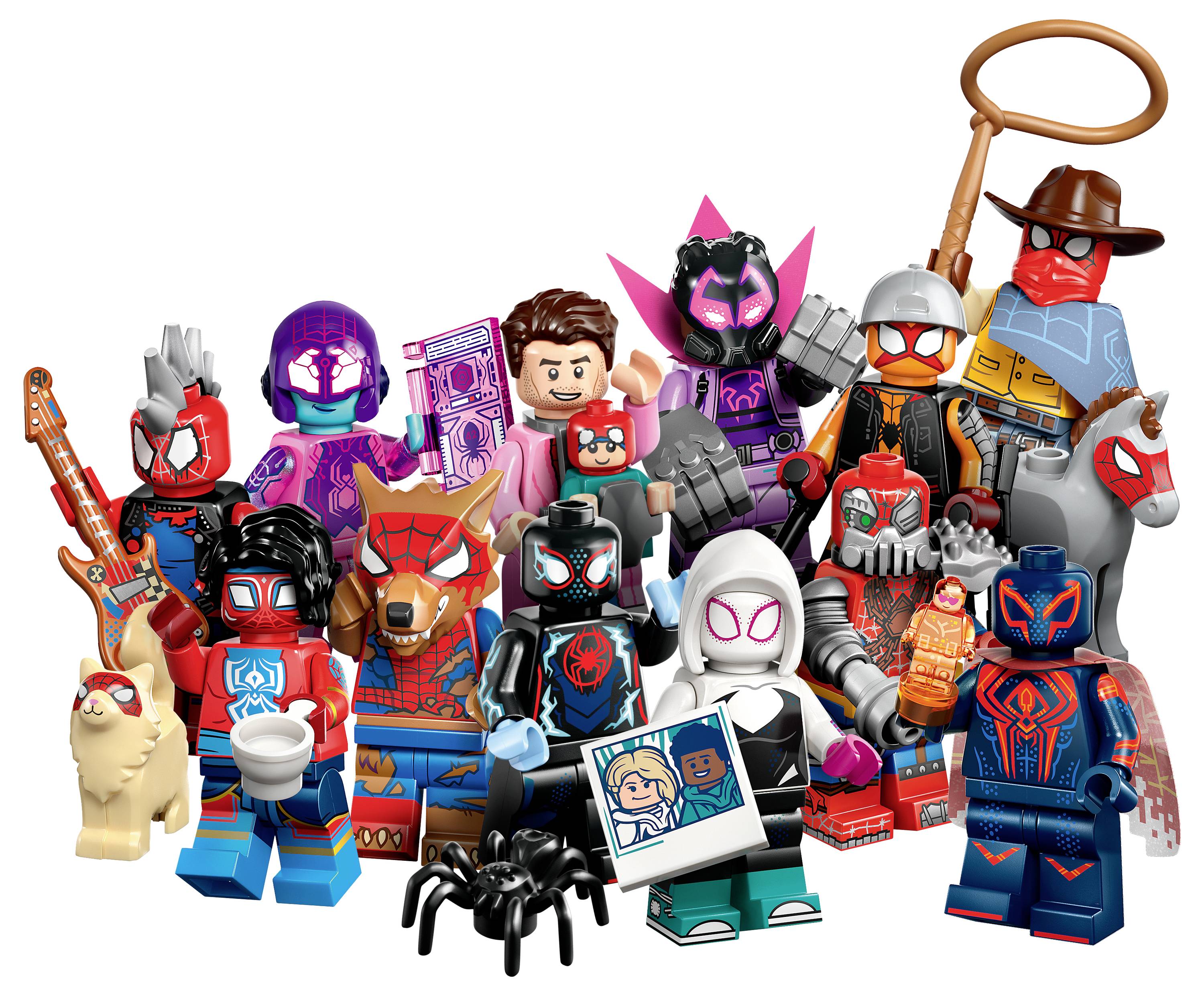 Een verzameling kleurrijke LEGO-minifiguren geïnspireerd op Spider-Man, met verschillende kostuums en personages, waaronder een spin en een dinosaurus.
