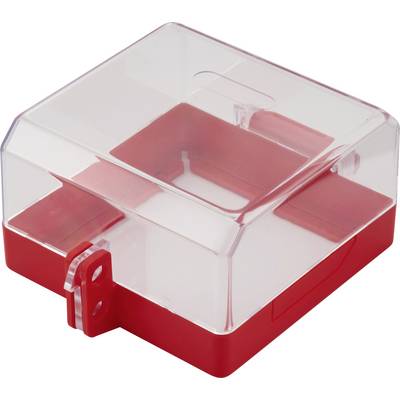 Een transparante plastic en rode doos, waarschijnlijk bedoeld voor veilig vergrendelen, met een scharnier en zichtbare bevestigingsonderdelen om aan oppervlakken te bevestigen.