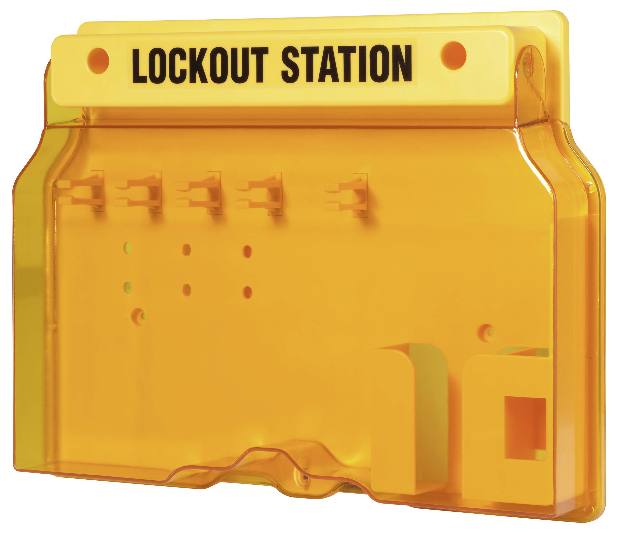 Oranje 'Lockout Station' behuizing voor het opslaan van lockout-tagout apparaten, voorzien van haken voor het ophangen van uitrusting.