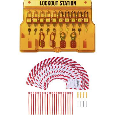 Vergrendelingsstation met meerdere sloten, sleutels, labels en kabelbinders voor veiligheidsprocedures, ter voorkoming van onbedoelde machinebediening tijdens onderhoudswerkzaamheden.