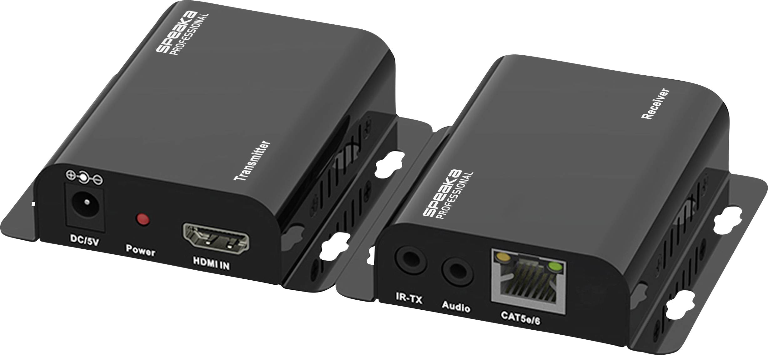 Twee verbonden zwarte apparaten gelabeld als 'Zender' en 'Ontvanger', met aansluitingen voor HDMI, audio en netwerkkabels.