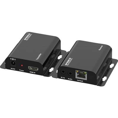 Twee verbonden zwarte apparaten gelabeld als 'Zender' en 'Ontvanger', met aansluitingen voor HDMI, audio en netwerkkabels.