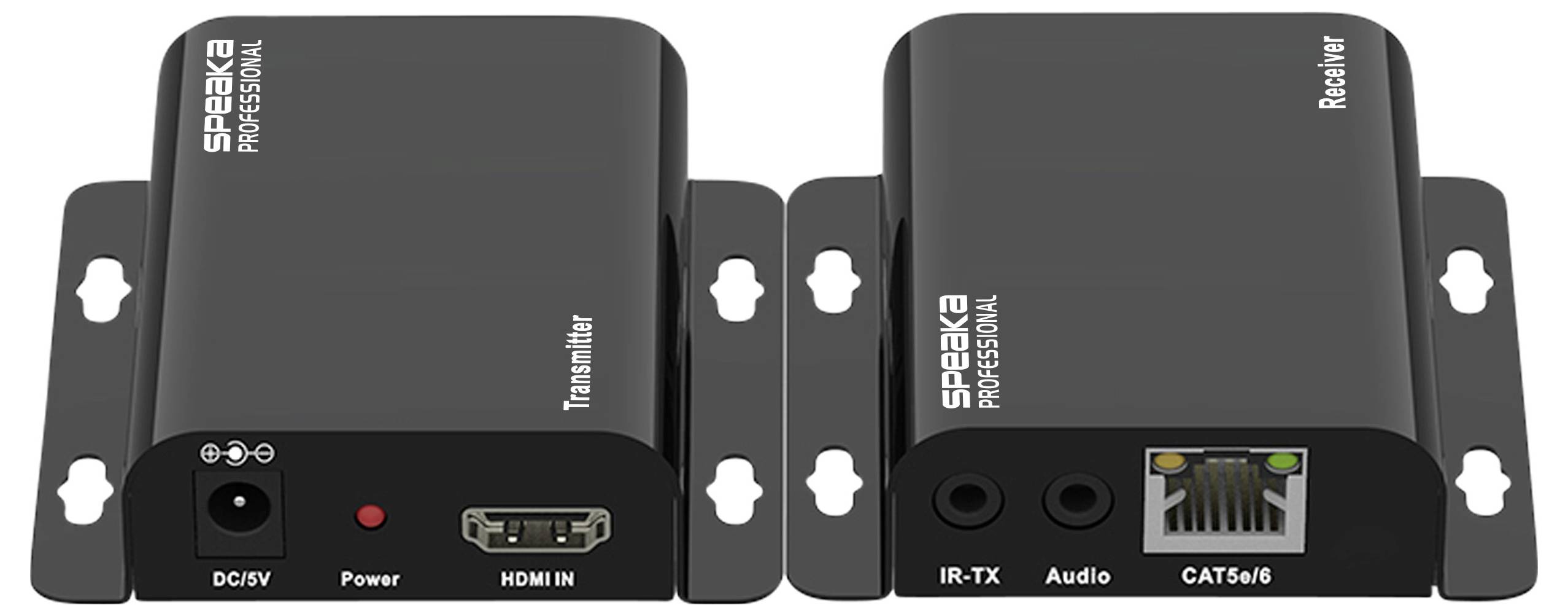 'Vooraanzicht en achteraanzicht van de SpeaKa Professional zender en ontvanger. Bevat HDMI IN, voedingspoort, CAT5/6, IR-TX en audio-ingangen.'