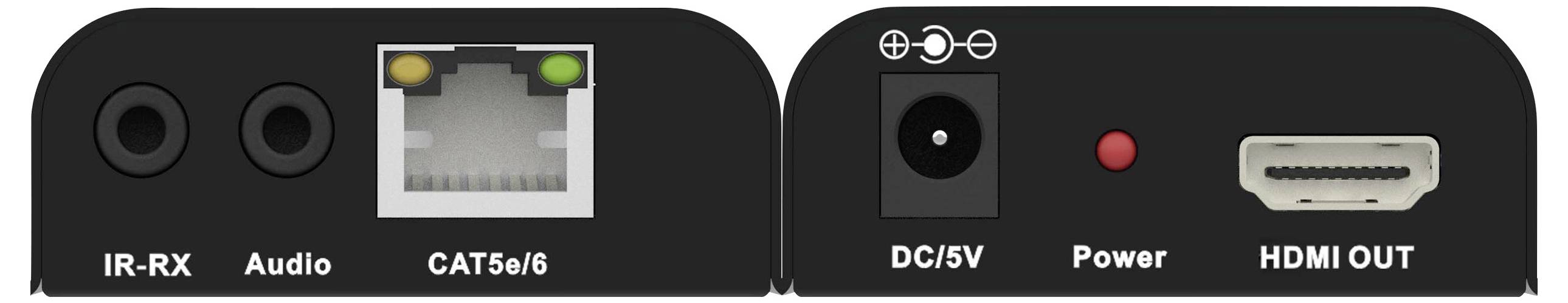 Een zwart apparaat met poorten voor IR-RX, Audio, CAT5e/6, DC/5V voedingsingang en HDMI-uitgang, voorzien van een voedingsindicatielampje.