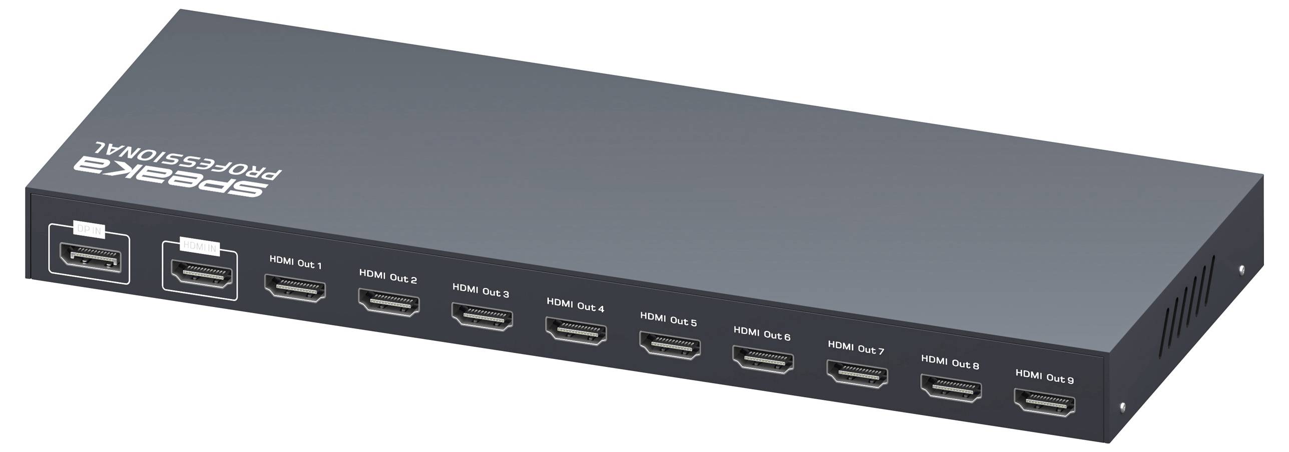Een zwarte HDMI-splitter met het label 'SPEAKA PROFESSIONAL' met tien HDMI-uitgangen op één zijde gerangschikt.