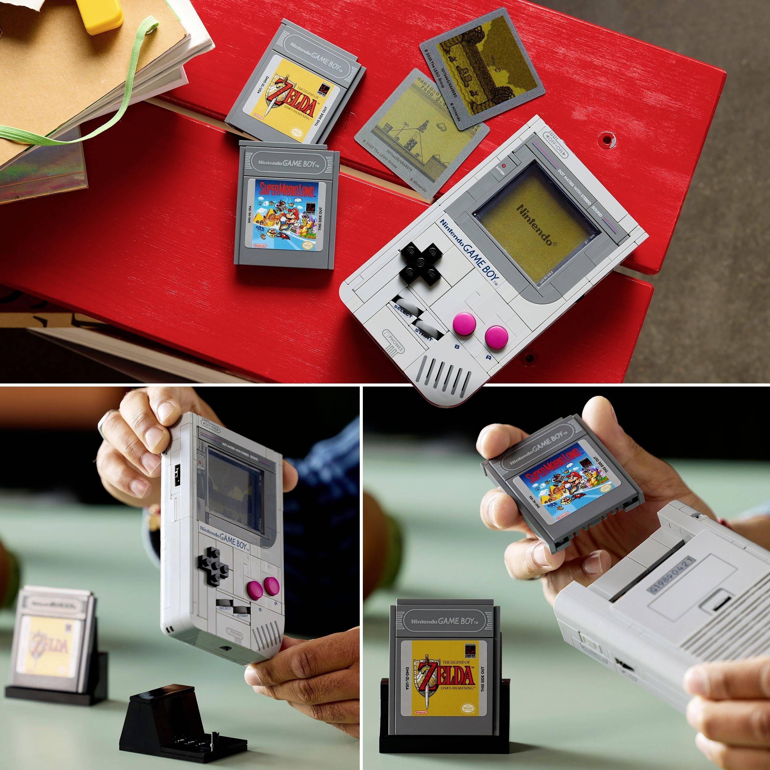 Een verzameling Game Boy-consoles en cartridges op een tafel, met iconische spellen. Mensen hanteren de apparaten, waarbij een gevoel van nostalgie wordt opgeroepen.