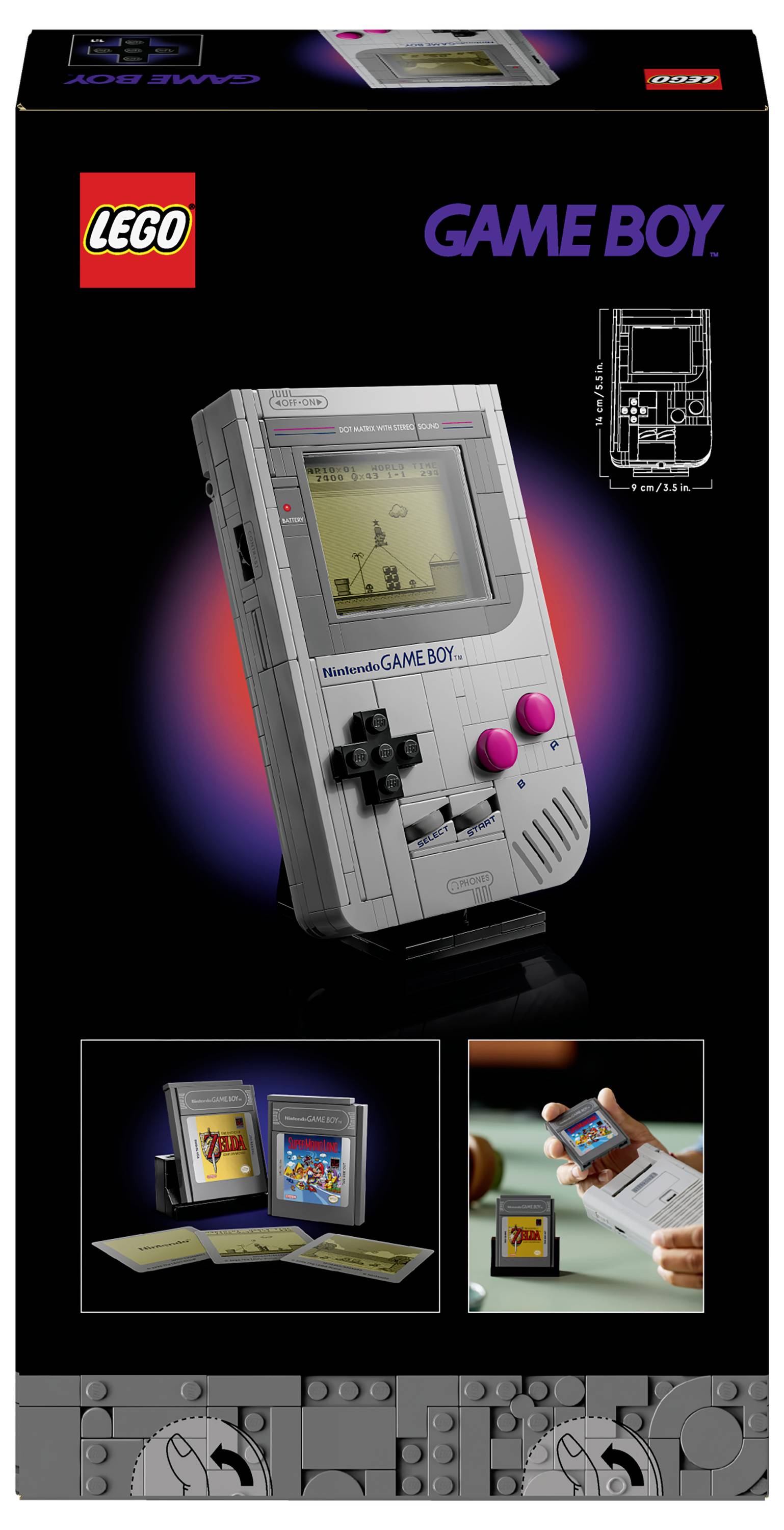 'Lego' doos met een model van een vintage Game Boy. Bevat retro game-ontwerpen en een QR-code met een smartphone-interactieconcept.